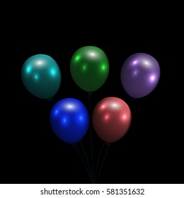 Festive balloons. Realistic, glossy, colorful. Isolated on a black background. Vector illustration