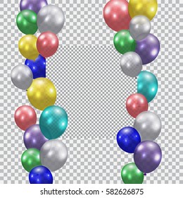 Festive balloons. Realistic, semi-transparent, colorful. Place for ads or commercials. Checkered background. Vector illustration