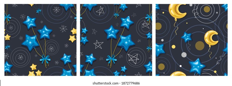 Festive balloons. Set. Sky Month, stars. Vector background, pattern with bright gel balloons quadrangular stars in the sky. Festive party. Design for celebrationg birthday, new year, christmas. Flat 