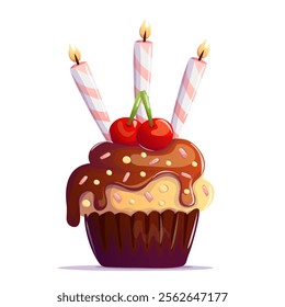 Festive banana cupcake topped with colorful sprinkles, rich chocolate drizzle, two juicy red cherries, and three birthday candles. A perfect treat for celebrations, evoking joy, sweetness.