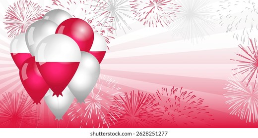 Festive banner with 3D balloons and copy space. Greeting card design. Polish state holiday backdrop graphic concept. Postcard template with flag of Poland colors. Blogging timeline story blank. 