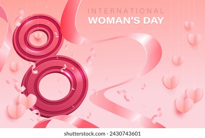 Festive banner for 8 march celebration. Vector illustration. Greeting card for women's day the eight of March. Romantic poster with hearts decorations. International spring holiday.