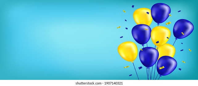 Festive banner, background with realistic flying yellow and blue helium balloons
