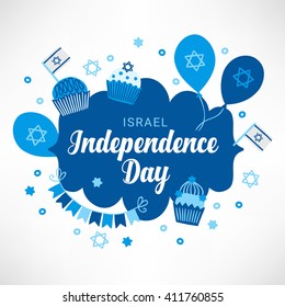 Banner festivo con globos, pastelitos, garland, etiqueta y banderas de estado en blanco y azul. Día de la Independencia de Israel. Ilustración del vector