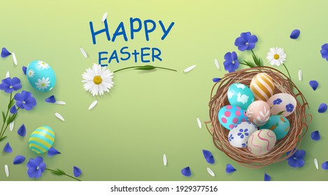 Festive banner with basket and Easter eggs with decorative flowers and petals with place for an inscription. Happy Easter Day poster.