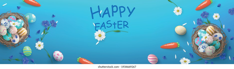 Festive banner with basket and Easter eggs and flowers on a blue background. Happy Easter Day Banner.