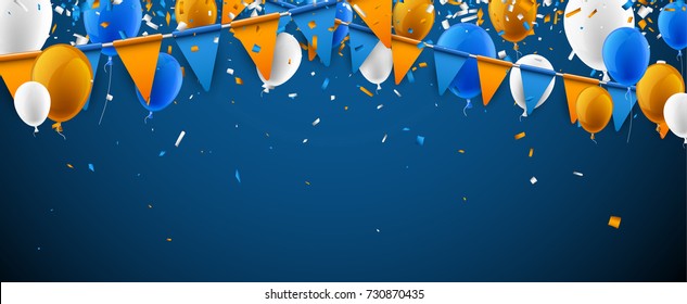 Festive Banner With Blue And Orange Flags And Balloons. Vector Illustration.