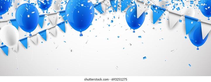 Banner festivo con banderas azules y blancas y globos. Ilustración vectorial.