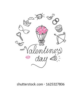 Festive banner, card for Valentine's Day with an inscription and a bouquet. Cute characters and holiday signs. Linear hand drawing. Isolated vector illustration on white background.