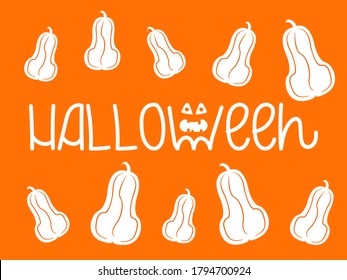 Festive banner for the celebration of Halloween. There are cute pumpkins and a festive original inscription on an orange tone. For shop windows decoration, mailing lists, postcards. Vector graphics.