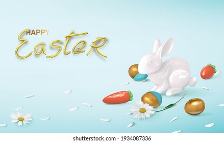 Festive banner with ceramic figures of a hare and carrots with golden Easter eggs and flowers on a light blue background. Realistic illustration for banner, poster.