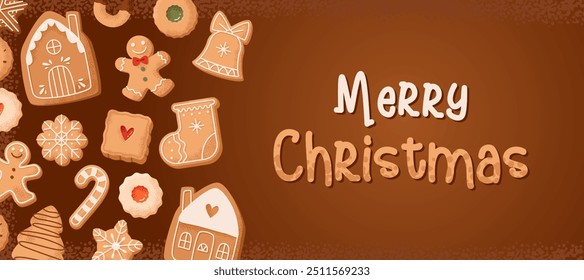 Festive banner with Christmas gingerbread cookies of different shapes. Christmas background. Invitation or gift card template.