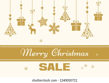 Festive banner for Christmas with golden ribbon, toys hanging and inscription SALE. Vector illustration