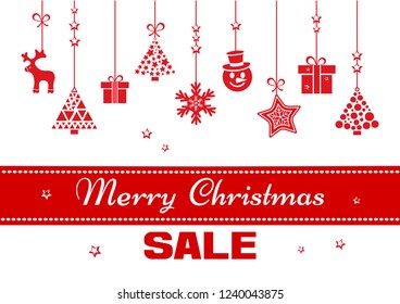 Festive banner for Christmas with red ribbon, toys hanging and inscription SALE. Vector illustration