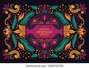 Festive banner and colorful postcard with a folk-inspired design celebrating Hispanic Heritage Month in natural style