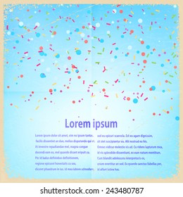 Festive banner with confetti and streamers on a blue retro background. Vector illustration.