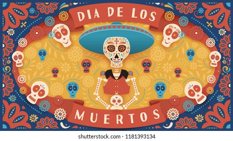 Festive banner of Day of the Dead. Vector illustration with colorful skeleton and skulls on colorful background in flat style. Holiday's name in Spanish.