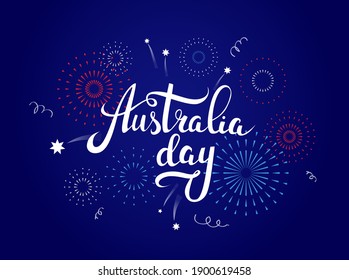 Festive banner design for Australia Day celebration. National holiday greetings with calligraphic text and fireworks on blue background. - Vector