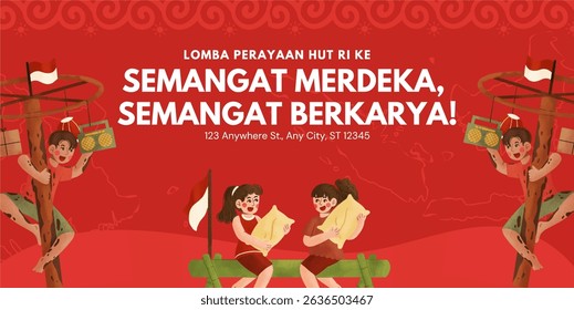 A festive banner design for the celebration of the Indonesian Independence Day with illustrations of folk competitions such as pole climbing and sack racing , suitable for promotional media for the 17