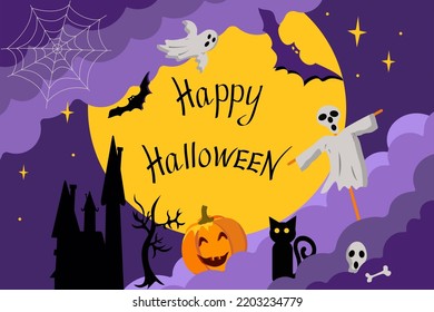 Festive Banner Design For Halloween. Postcard, Congratulations. Bats, A Ghost, Fairy Houses, A Pumpkin And A Black Cat Against The Background Of The Starry Sky And The Moon.