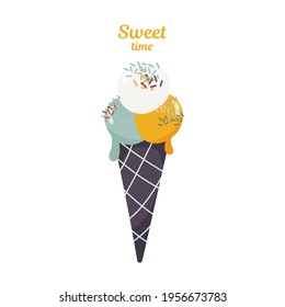 Festive banner design with ice cream and lettering sweet time. The concept of delicious food, enjoying meals, summer, holiday and good mood. Isolated vector.