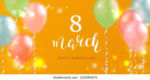 Festive banner design on a yellow background with balloons. Women's Day, Mother's Day, Birthday, Anniversary, wedding template. Vector illustration.