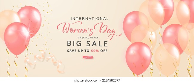 Festive banner design with pink and white balloons, falling confetti on a beige background. Design for the celebration of Women's Day, Mother's Day. Birthday, anniversary, wedding, banner template.