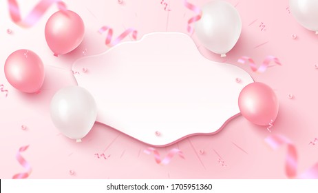 Festive banner design with white custom shape, pink and white air balloons, falling foil confetti on rosy background. Women's Day, Mother's Day, Birthday, anniversary template. Vector illustration