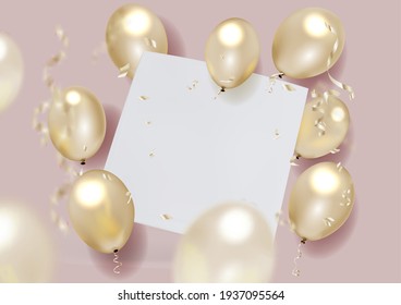 Festive banner design with white sheet, air balloons, falling foil confetti on rosy background. Vector.