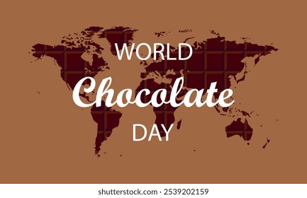 Festive banner design for world chocolate day. World map in the form of chocolate bar with an inscription in the foreground. Vector illustration