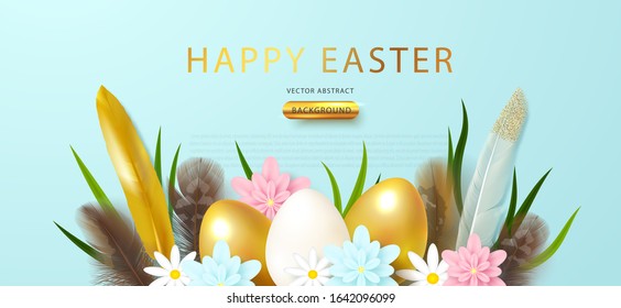 Festive banner with Easter eggs, feathers and flowers.Vector illustration for poster, postcard, brochure, advertising materials.