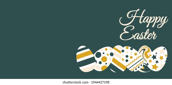Festive banner with Easter painted eggs and a beautiful inscription Happy Easter on a dark background. Easter poster in flat style. Easter Day banner template for promotion or congratulations.