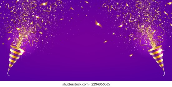 festive banner with explosion party popper with gold confetti on a purple background