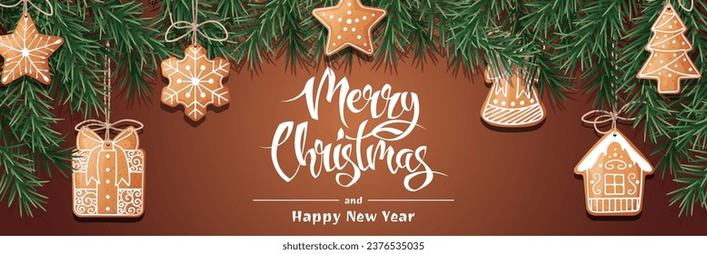 Festive banner with fir branches and gingerbread cookies hanging on strings. Christmas background with gingerbread. Suitable for greeting cards, banners, posters, flyers for New Year and Christmas.