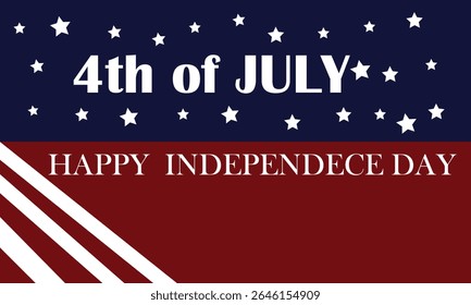 Um banner festivo para o 4 de julho, com as cores icônicas da bandeira americana de vermelho, branco e azul, adornado com estrelas e uma mensagem comemorativa.