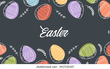 Festive banner frame template with trendy outlined geometric pattern on Easter Eggs. Decorative horizontal stripe from eggs with leaves on dark black color background. Vector border for holiday sale.