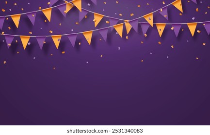 Anuncio festivo con guirnaldas de banderas triangulares en colores naranja y púrpura con confeti esparcido por el fondo oscuro. Ilustración vectorial para la invitación, tarjetas de felicitación, cartel del partido