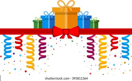 Festive banner with gift boxes and red ribbon. Eps 10