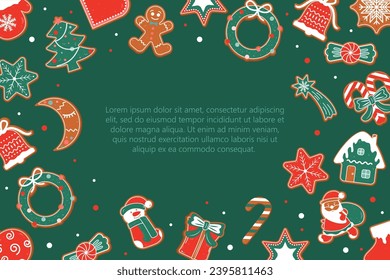 Festive banner with  gingerbread cookies . Christmas background with gingerbread. Suitable for greeting cards, banners, posters, flyers for New Year and Christmas.