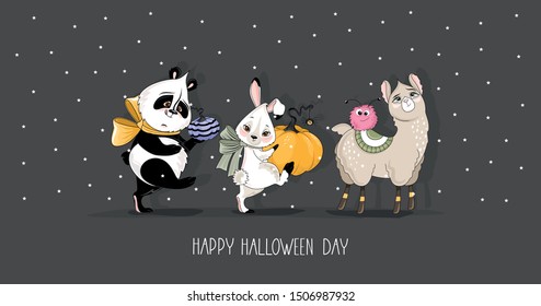 Festive banner for Halloween with Panda, llama, Bunny. Hand lettering. Vector illustration.