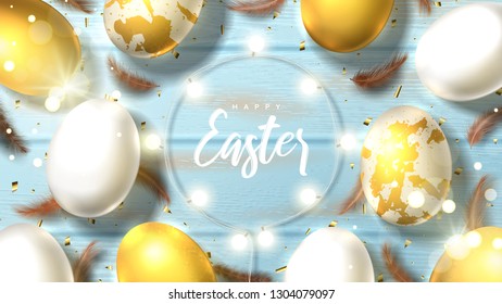 Festive banner for Happy Easter. Beautiful banner with realistic white and gold Easter eggs, sparkling golden confetti, shining garland and chicken feathers. Holiday vector illustration.