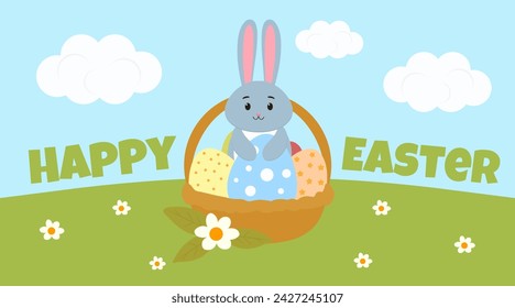 Festive banner for Happy Easter with bunny and painted eggs in b