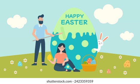 Festive banner for Happy Easter with couple dyeing big egg