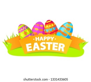 Festive banner. Happy Easter eggs on a grass the painted lie ornament. Flat illustration vector.Isolated on a white background.Spring holiday.