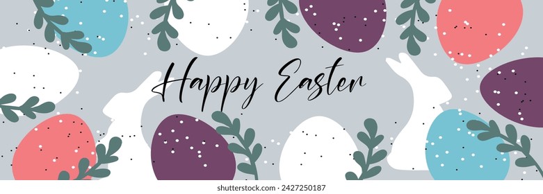 Banner festivo para Feliz Pascua con huevos pintados y conejos