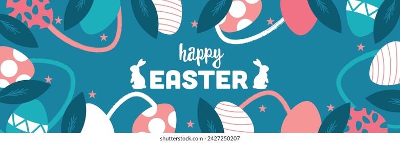 Festive banner for Happy Easter with painted eggs and bunnies