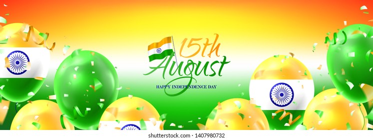Festive banner for Happy Independence day India. Vector illustration with realistic air balloons colored in national flag of India. Festive background with color serpentine and confetti.