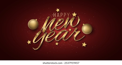 Festive banner for Happy New Year. Golden glittering lettering with decorations from 3d stars and festive balls on red background. Holiday cover design. Vector illustration. EPS 10