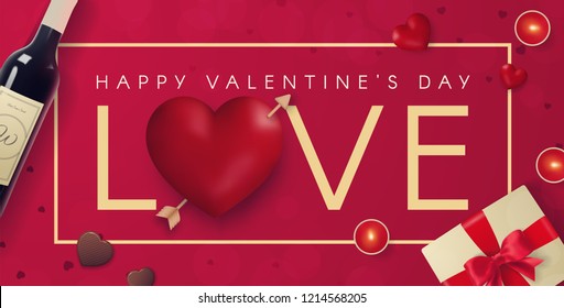 Festive Banner for Happy Valentine's Day. Top View on Composition with Realistic Heart with Confetti, Wine, Gift and Candles. Vector Illustration with Background.