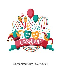 Festive banner and icon set design for party or Carnival with ribbon, balloons, confetti, fireworks and other fun objects. EPS 10 Vector.